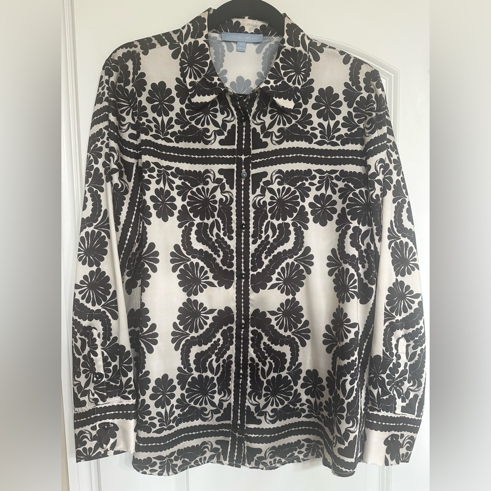 ANTONIO MELANI Black and Ivory Unique Pattern Print Button-Up Blouse